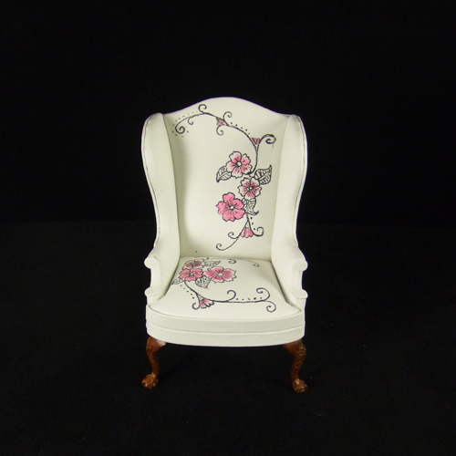 OOAK White Leather Wingback Chair with hand painted in 1" scale